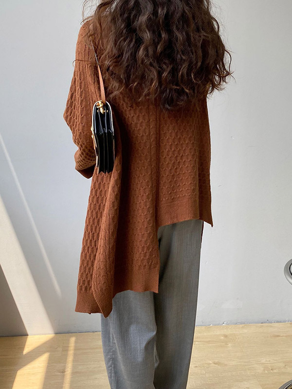 Original Irregular 5 Colors Split-Side Round-Neck Long Sleeves Sweater Top