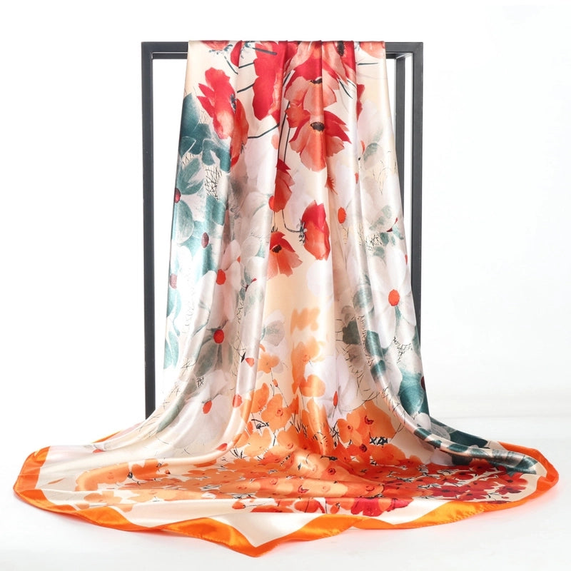 Women's Elegant Formal Peacock Flower Satin Silk Scarf
