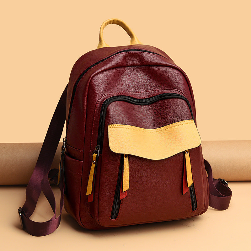 Contrast Color  Soft Leather Travel Backpack