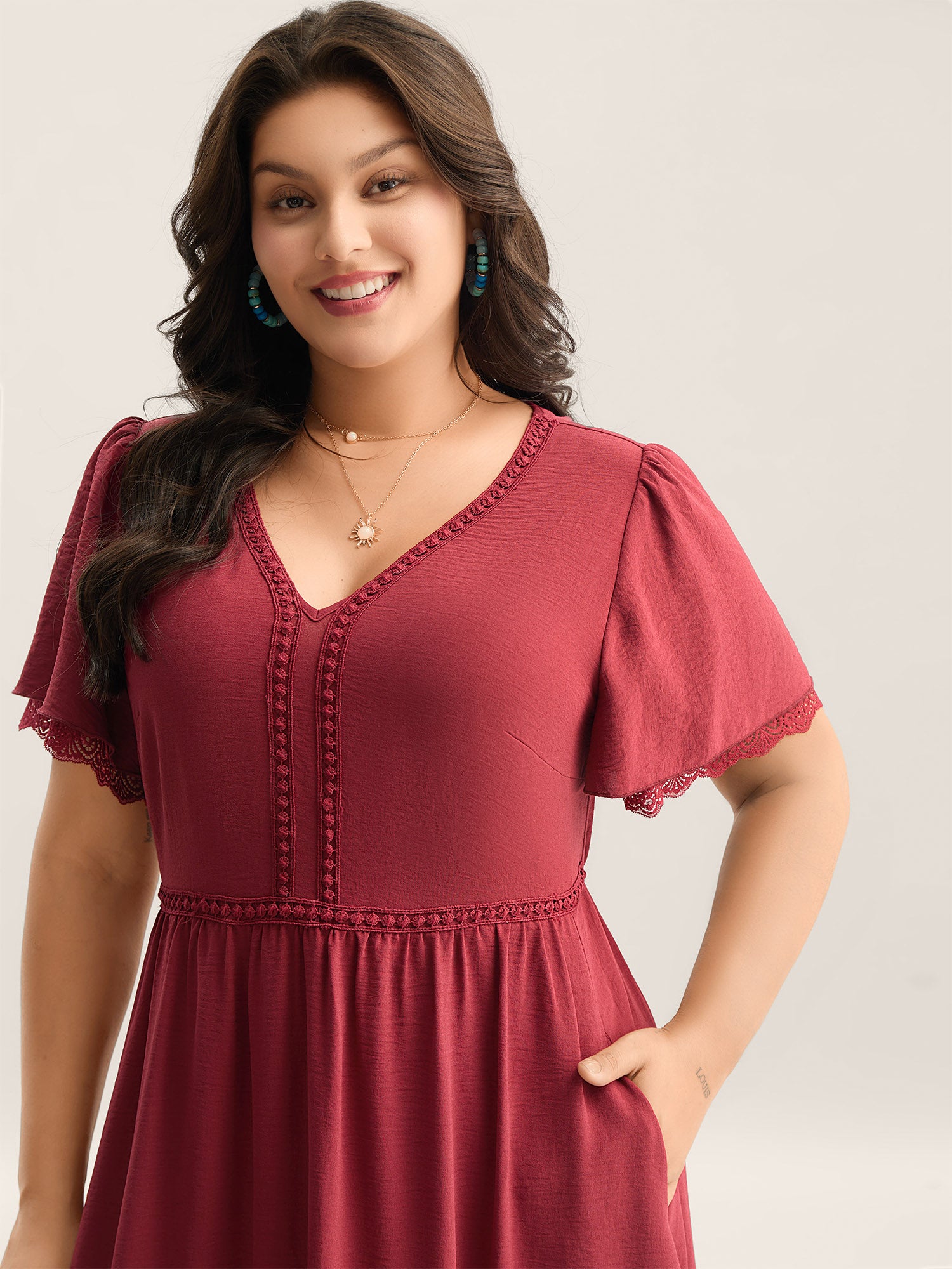 Lace Trim Neck Sheer Pockets Maxi Dress