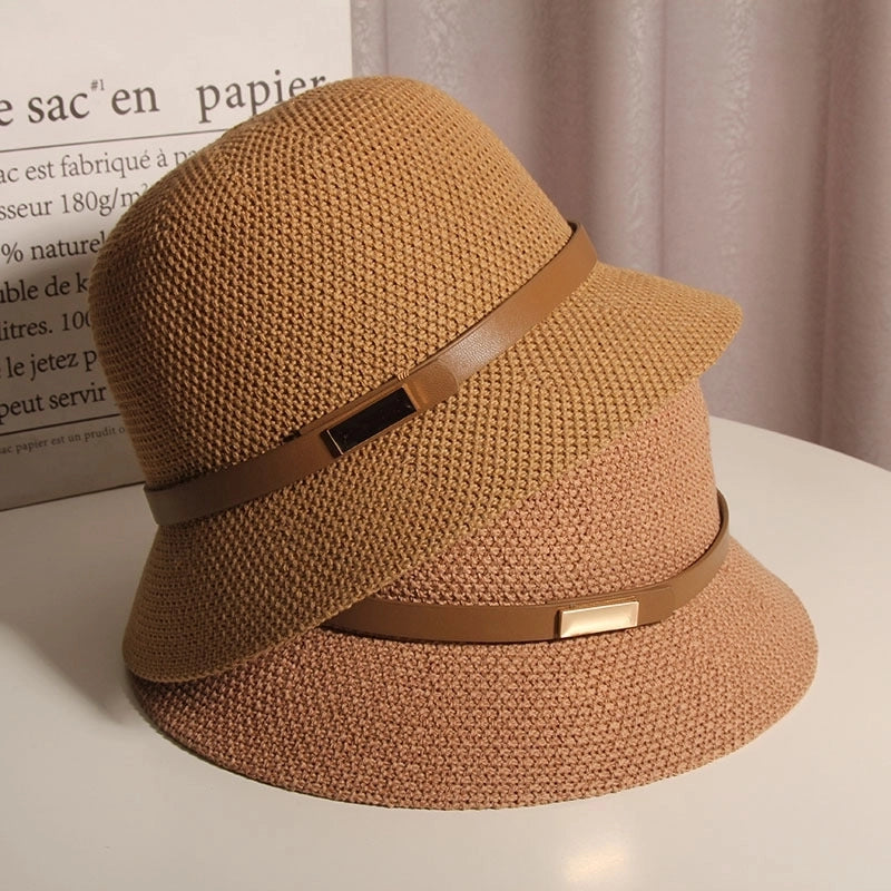 Korean Style Cotton And Linen Knitted Belt Buckle Fisherman Hat Female British Versatile Fashion Sun Protection Basin Hat Simple Top Hat Fashion