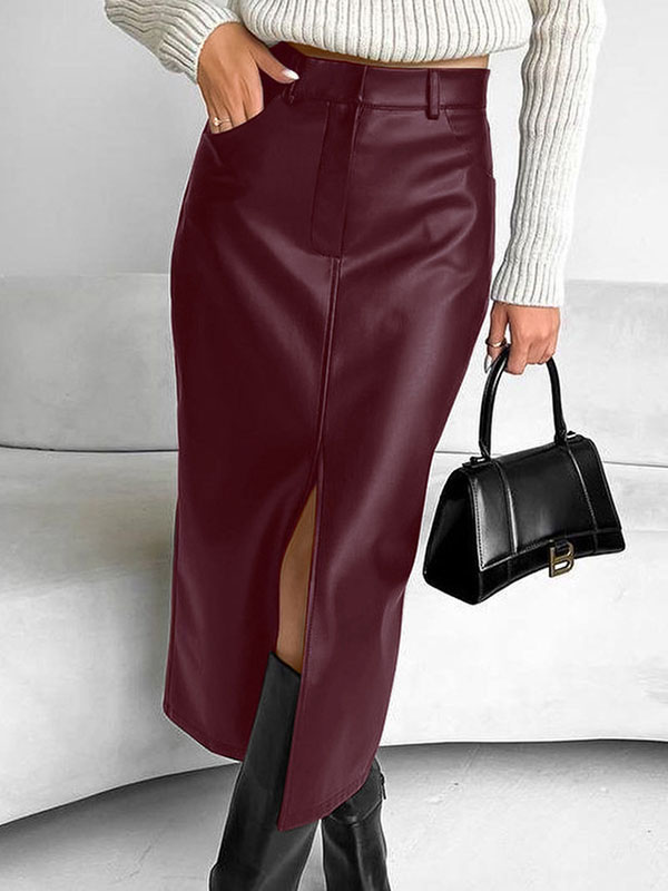 Skinny Wrap Pockets Solid Color Split-Front Zipper Skirts Bottoms