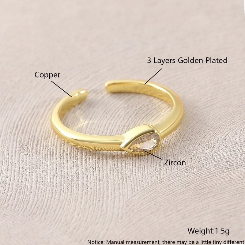 Copper 18K Gold Plated Gold Plated Plating Inlay Water Droplets Heart Shape Zircon Open Rings Rings
