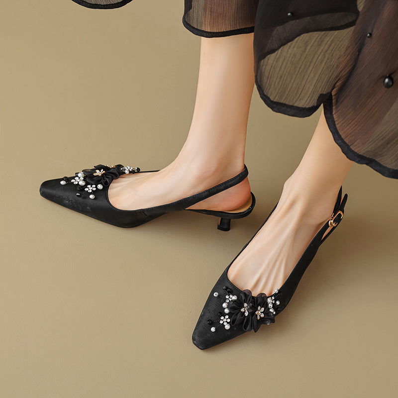 Floral Pointed Toe Slingback Kitten Pumps Elegant Leather Wedding Sandals in Black/Beige
