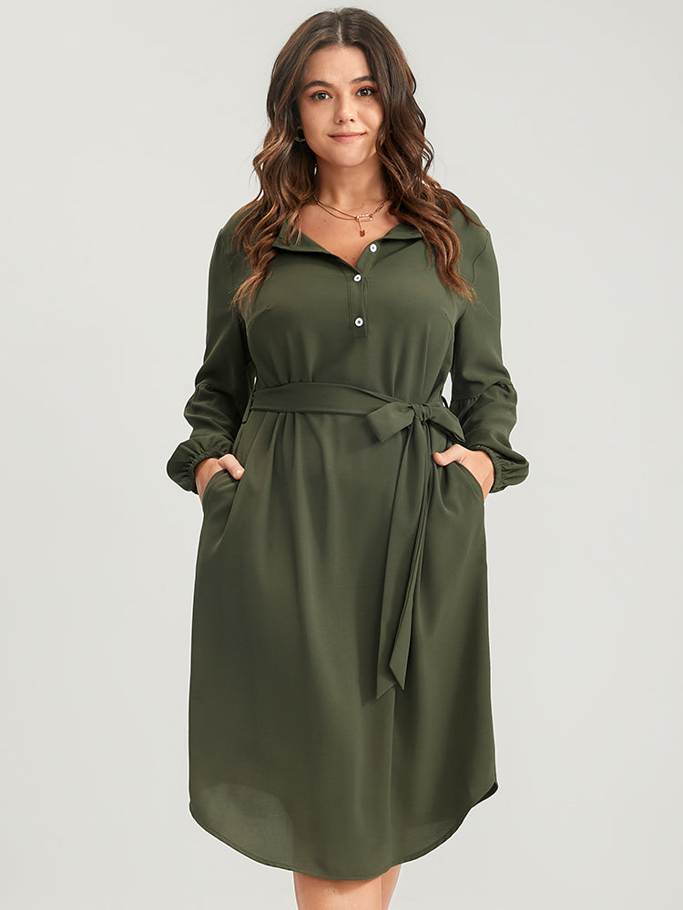 Solid Lantern Sleeve Button Pocket Belted Arc Hem Dress