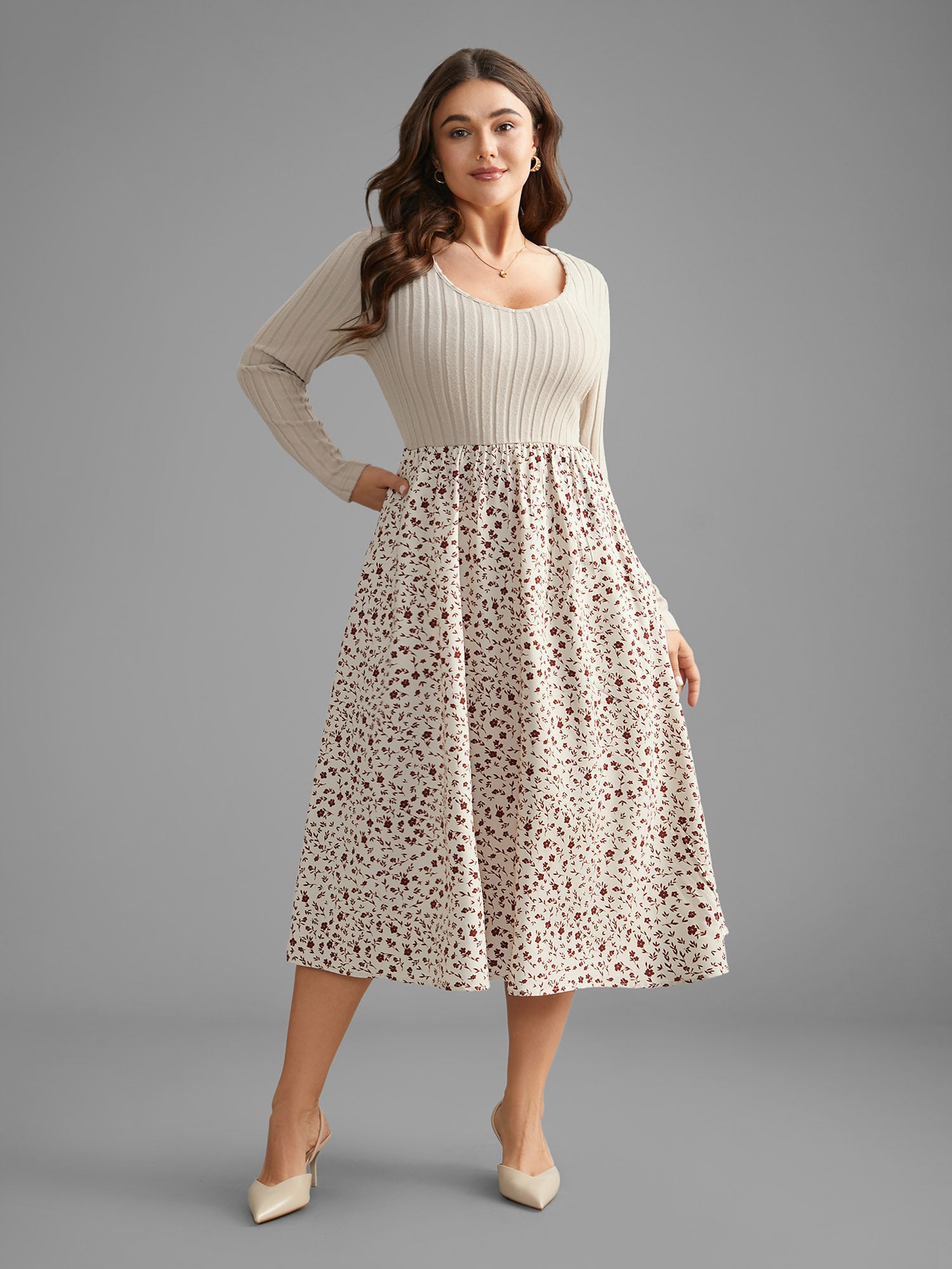 Ditsy Floral Patchwork Texture Midi Dress