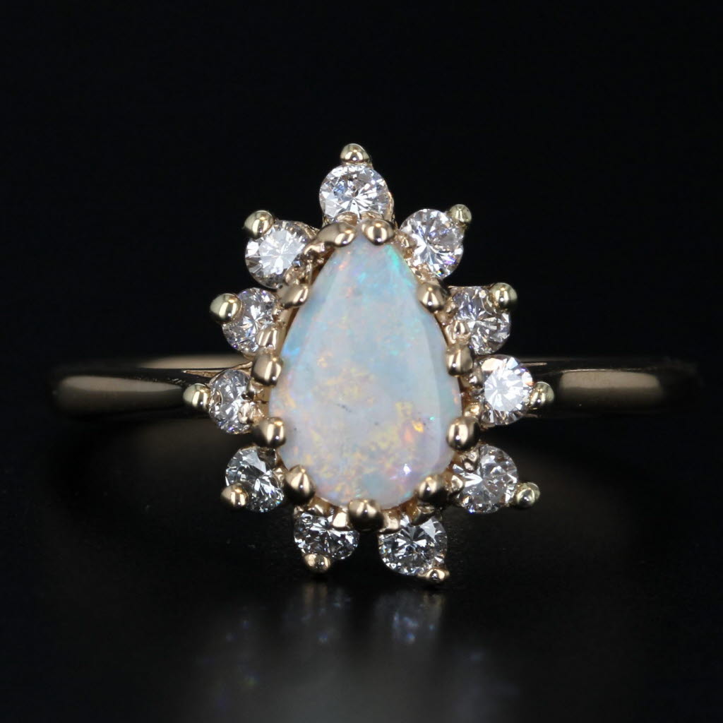 Opal 0.38ctw Diamond Halo Ring 14k Yellow Gold Size 8 Pear Cabochon