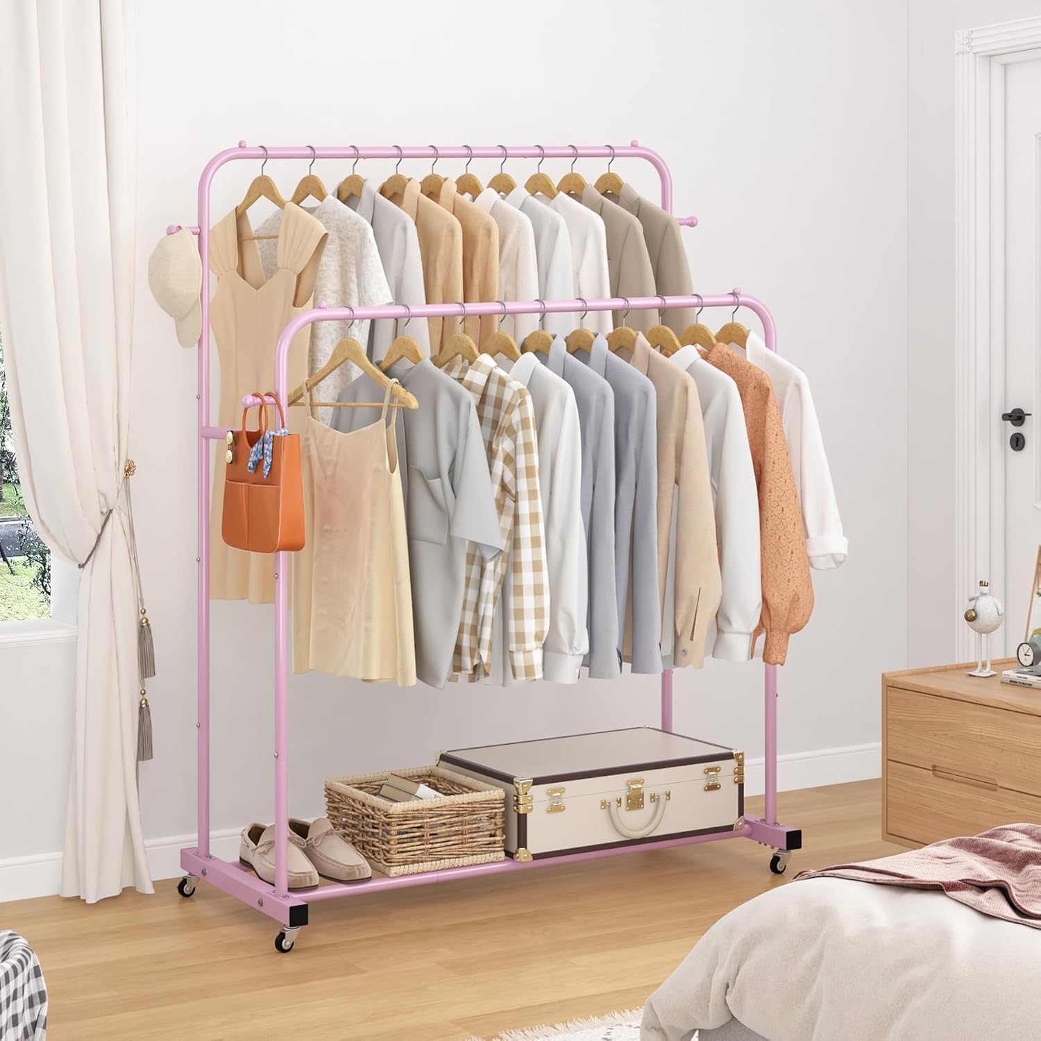 Laiensia Double Rods Garment Rack with Wheels, Clothing Rack for Hanging Clothes,4 Hooks, Multi-functional Bedroom Clothes Rack, Black