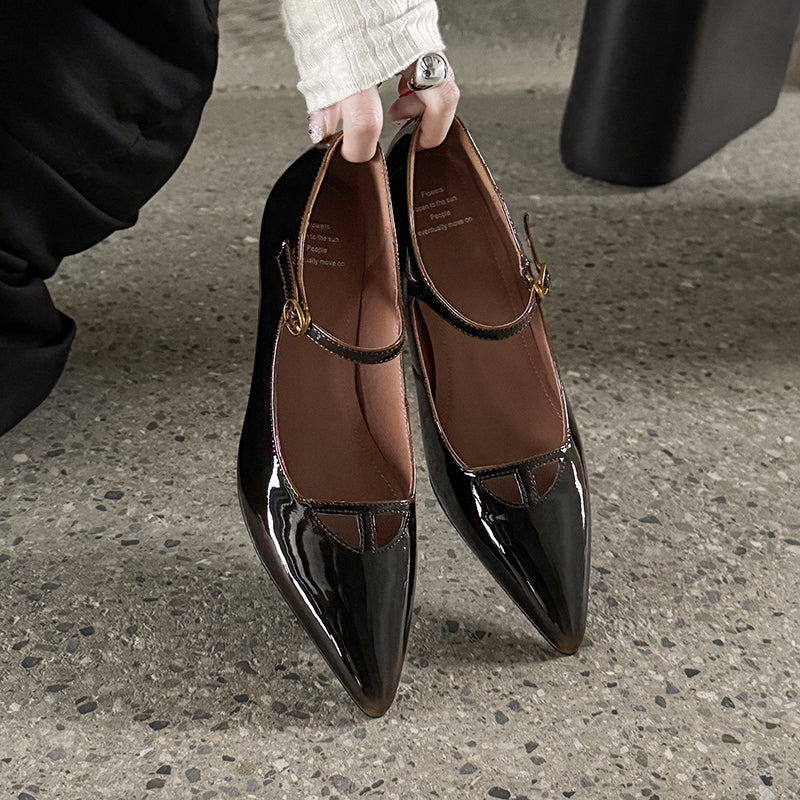 Elegant Gradient Patent Sheepskin 60mm Heels Pointed Toe Mary Jane Pumps in Brown/Wine Red