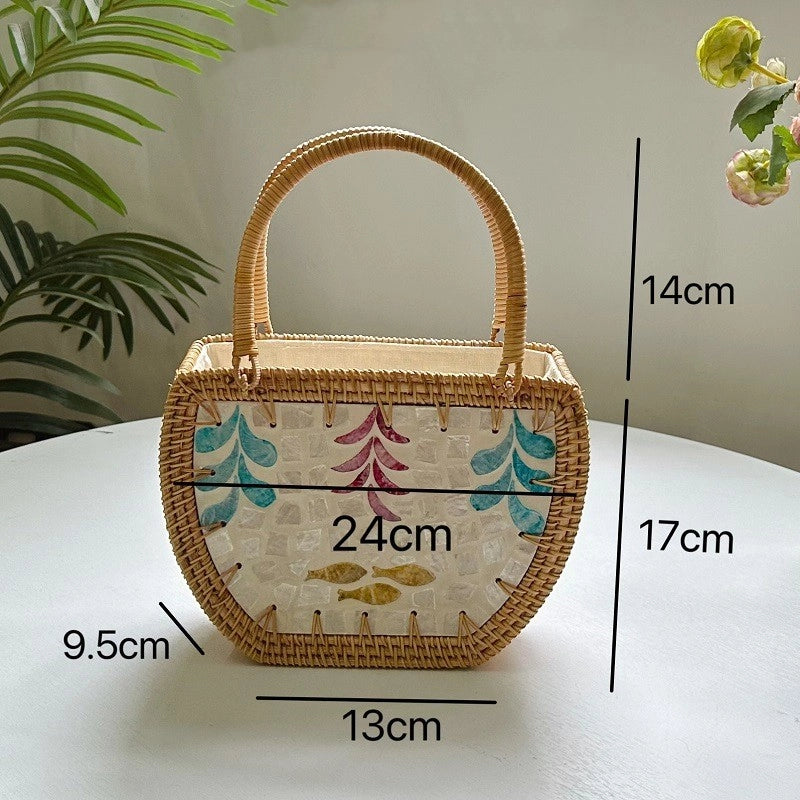 Women's Medium Straw Flower Vintage Style Beach Weave String Straw Bag
