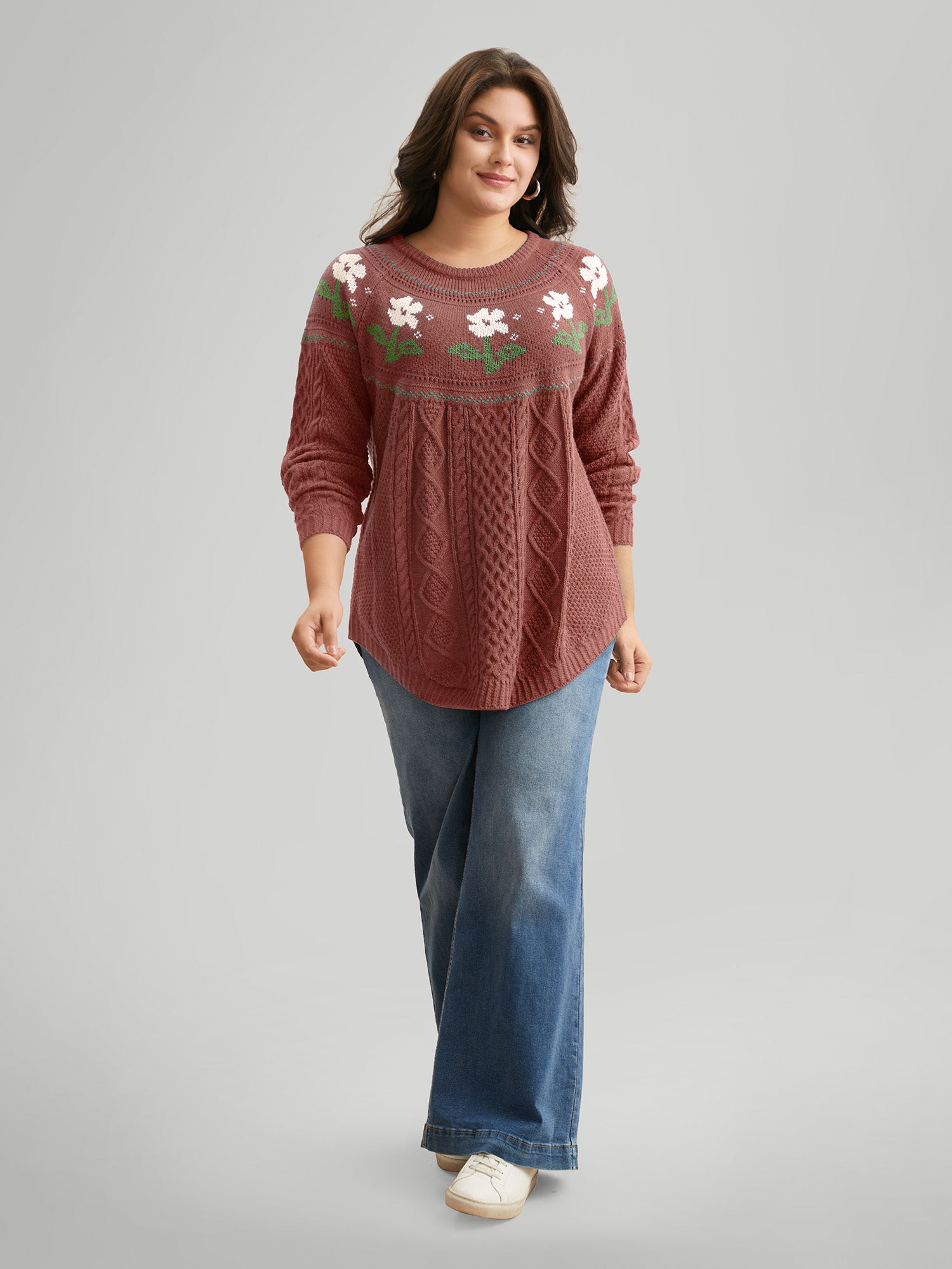 Floral Jacquard Raglan Sleeve Pullover