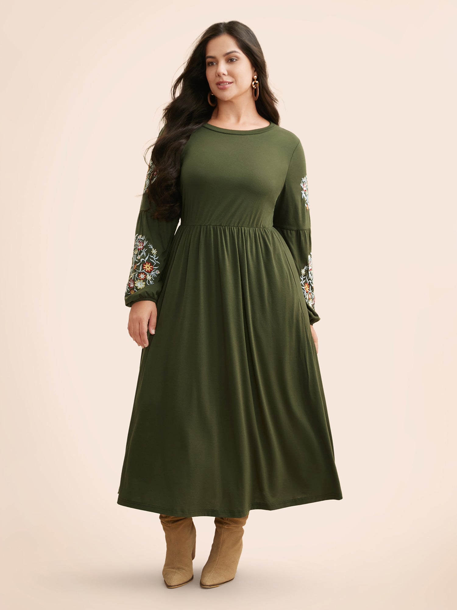 Floral Embroidered Elastic Waist Gathered Dress