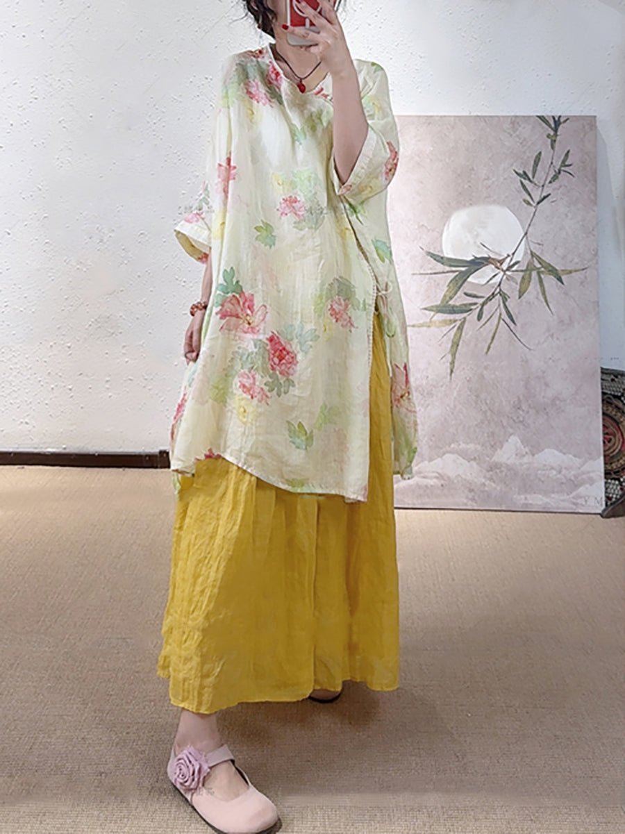 Women Summer Ethnic Flower O-Neck Ramie Shirt
