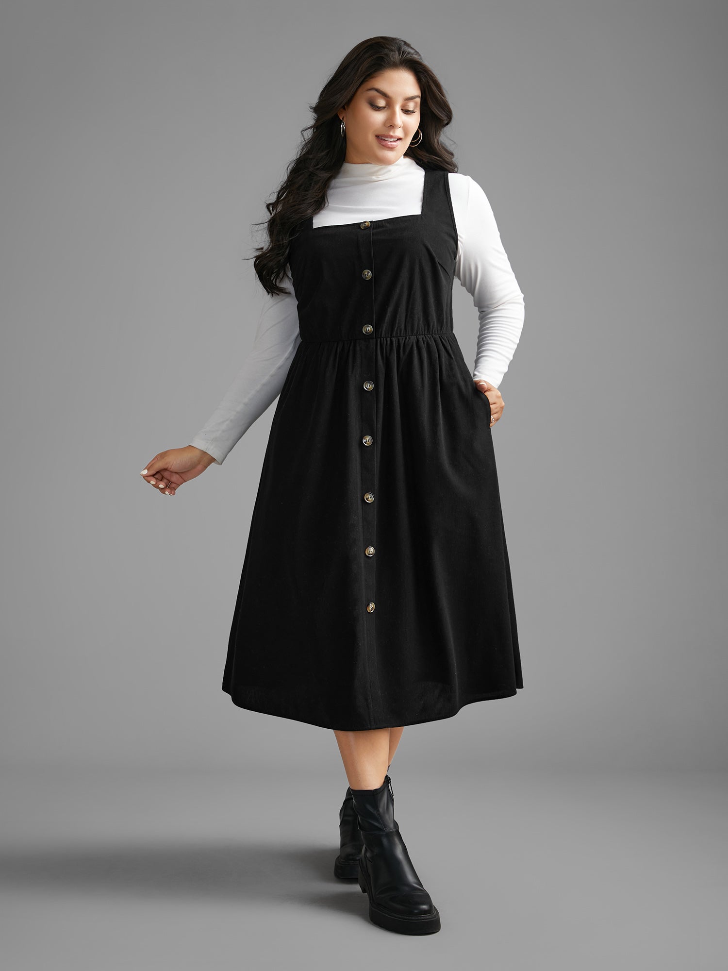 Corduroy Square Neck Button Detail Dress