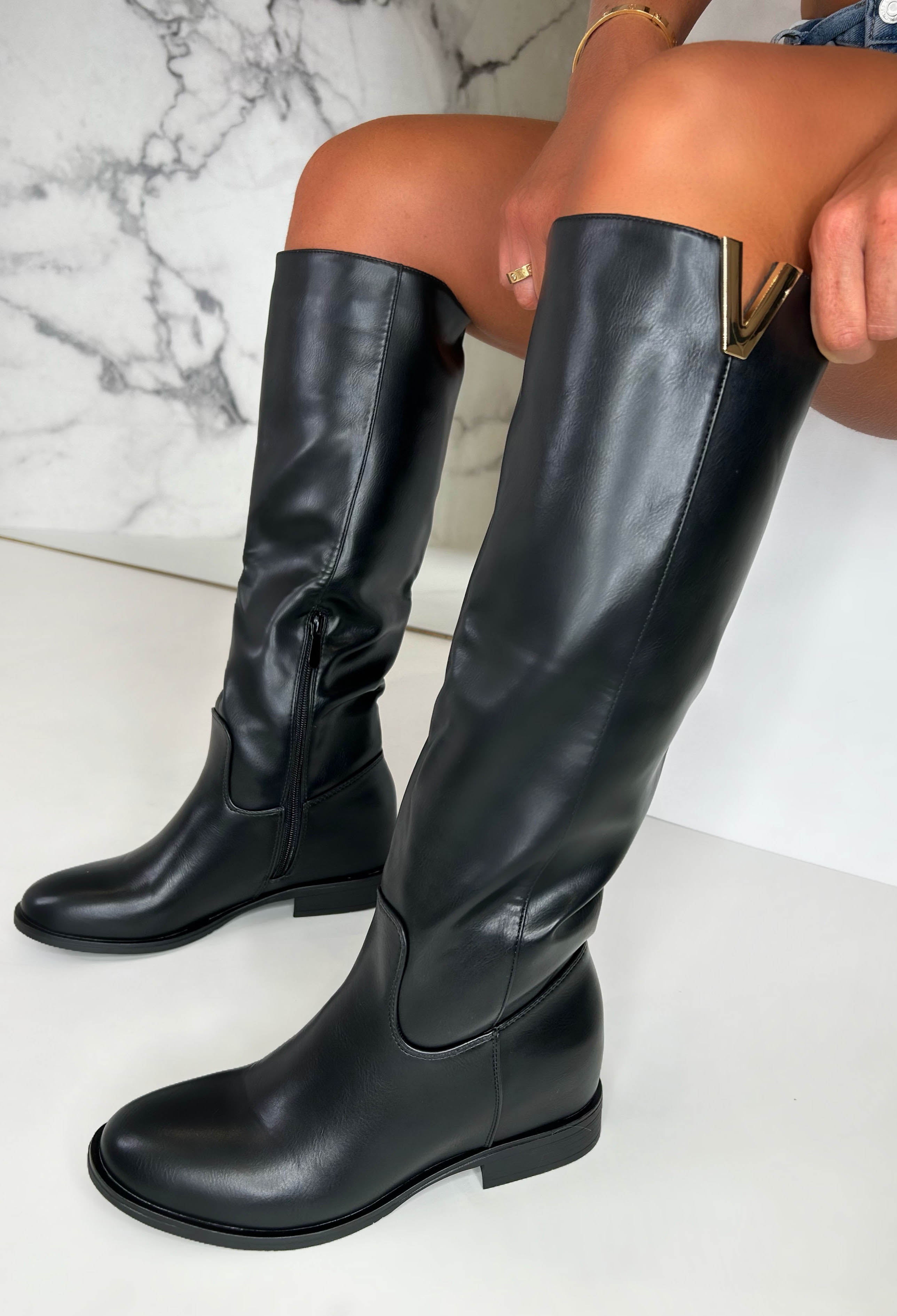 The Main Season Black Gold Detail Flat Knee High Boots