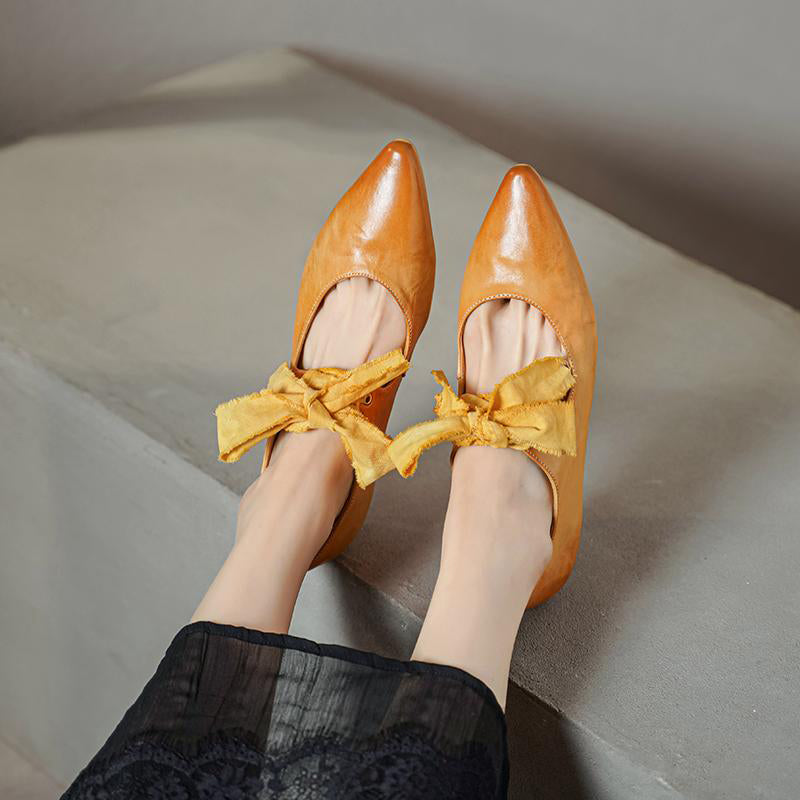 Horse Leather Retro Pointed Toe Ballet Flats Mary Jane Shoes with Bow-Tie Design Black/Blue/Yellow