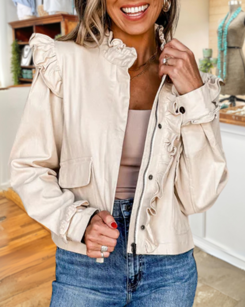 Ruffled Zip-Up Suede Jacket