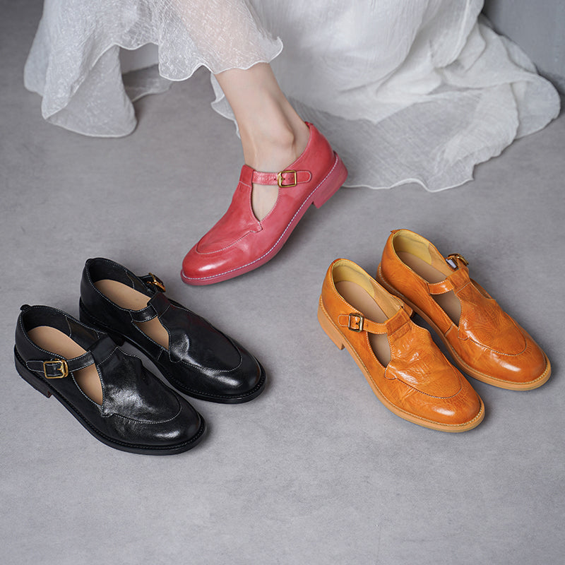 Vintage British Style Soft Leather Mary Jane Shoes Horse Leather T-Strap Sandals Pink/Yellow/Black