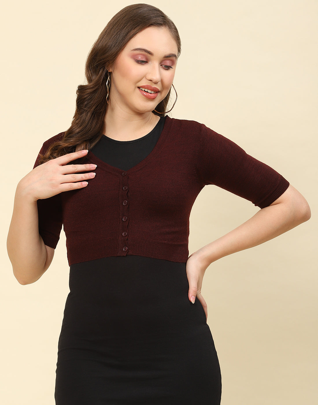 Women Maroon Solid V Neck Half Sleeve Blouse