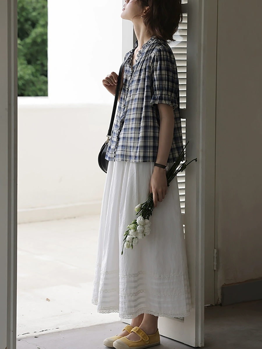 Women Summer Worn Plaid V-Neck Cotton Shirt