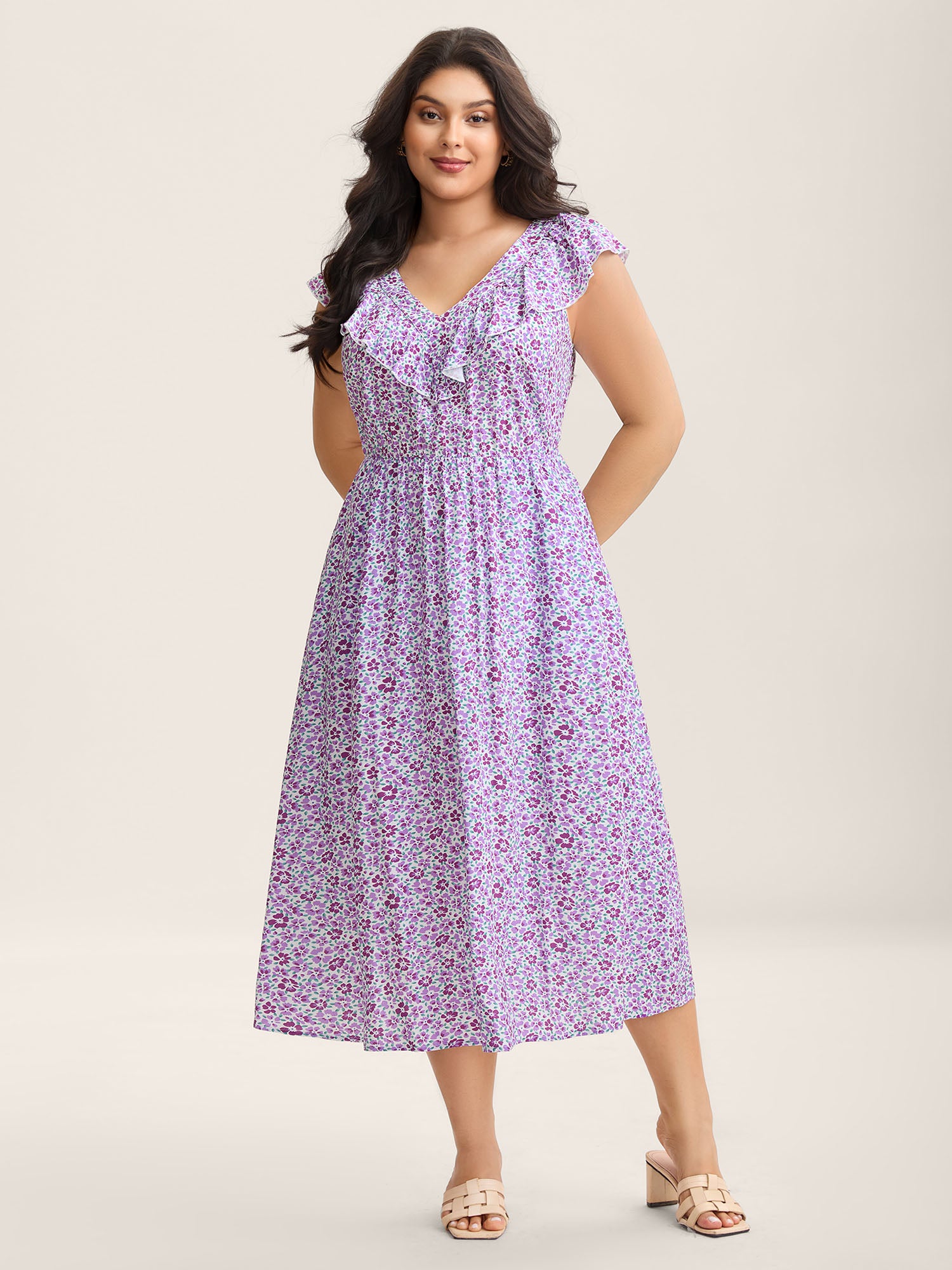 Soft Floral Print Pockets Ruffled Midi Dress