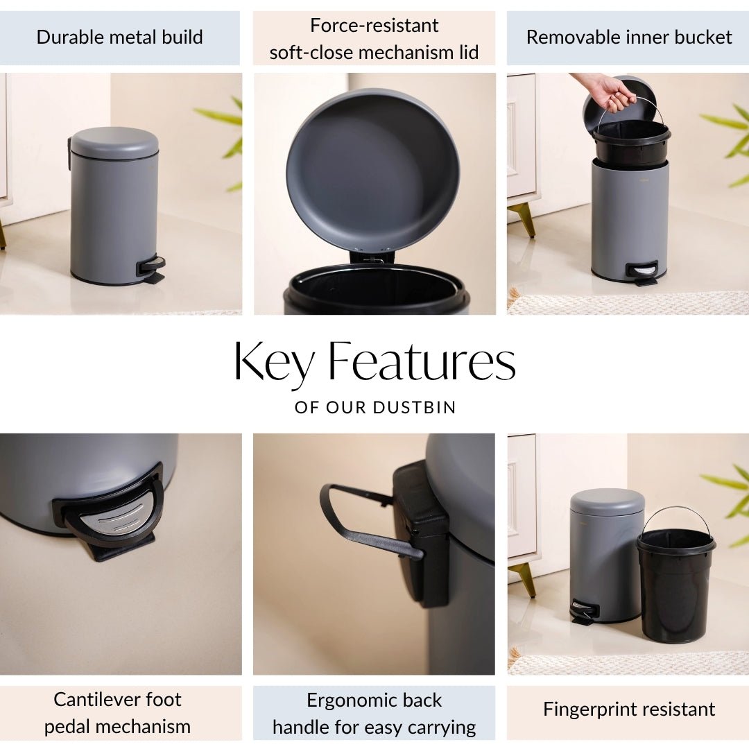Clean Curve Metal Dustbin With Removable Bucket Grey 7000ml