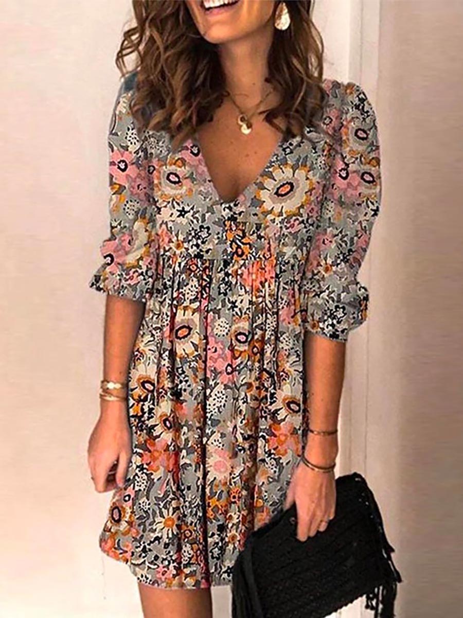 Casual V Neck Half Sleeve Printed Swing Dress