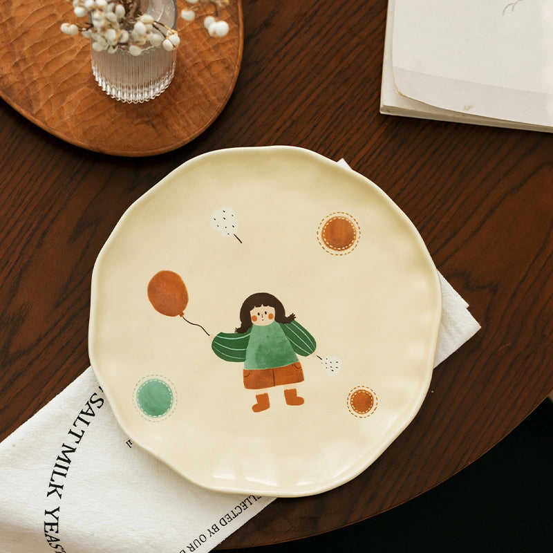 Vintage Girl's Dinner Plate Cute Plate Household Ceramic Plate Cartoon Plate Rice Bowl Small Bowl Mug With Lid