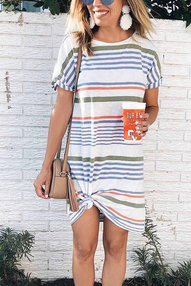 Florcoo Printed O-neck Striped Midi Dress