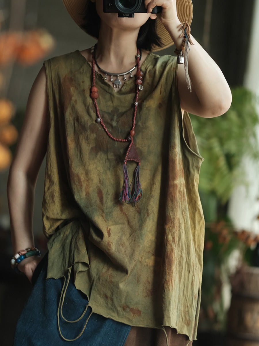 Women Summer Retro Tie-dye V-Neck Cotton Vest
