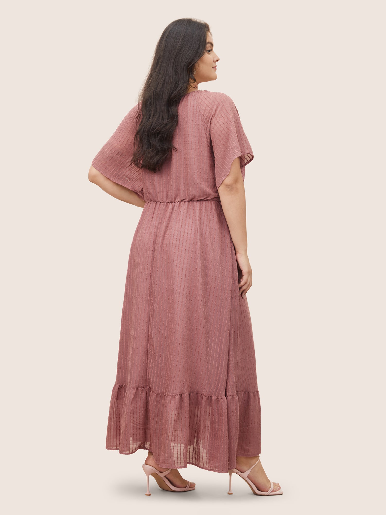 Solid Striped Notched Ties Up Pocket Flutter Maxi Dress