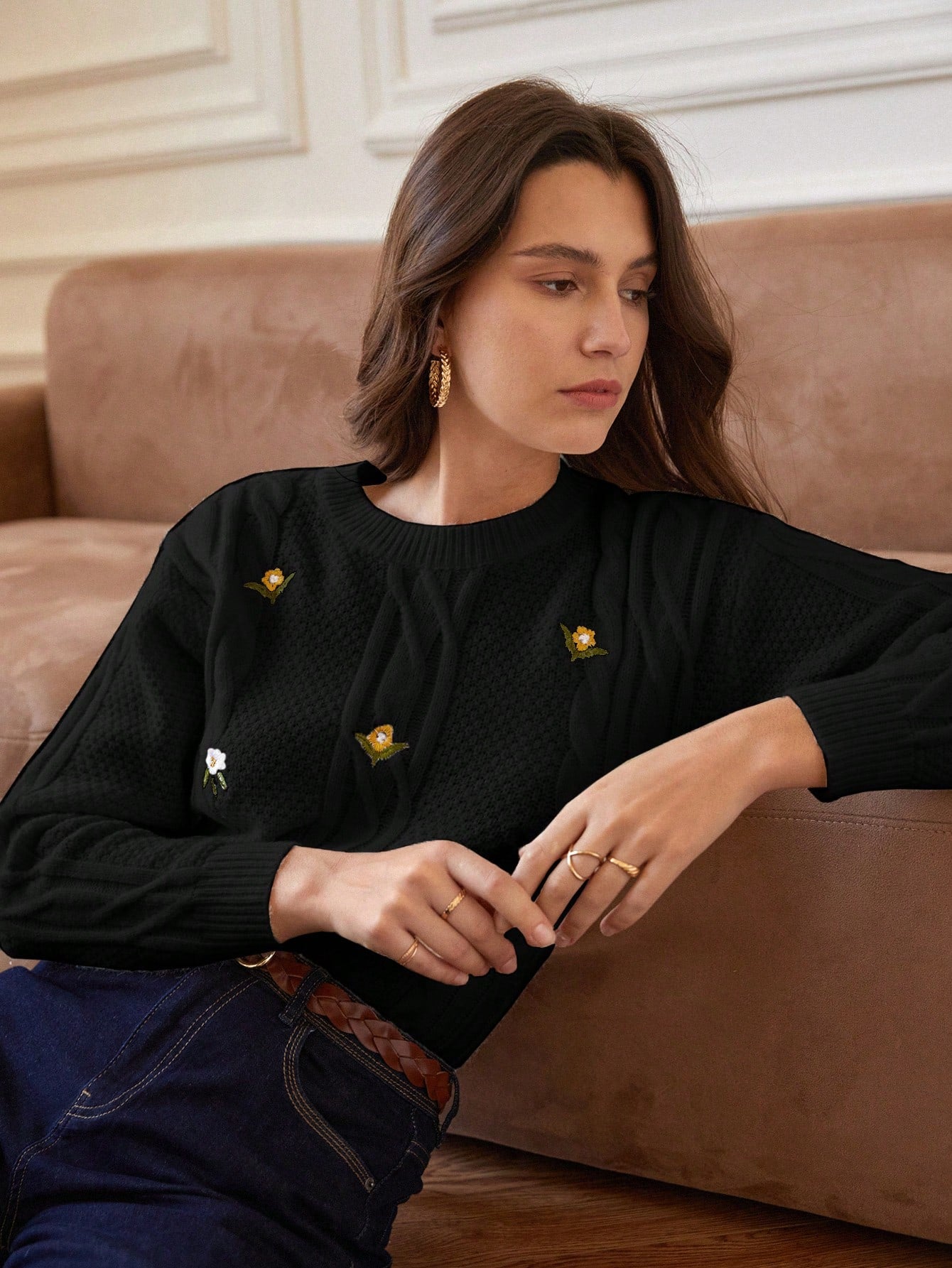 Frenchy Floral Embroidery Cable Knit Drop Shoulder Sweater