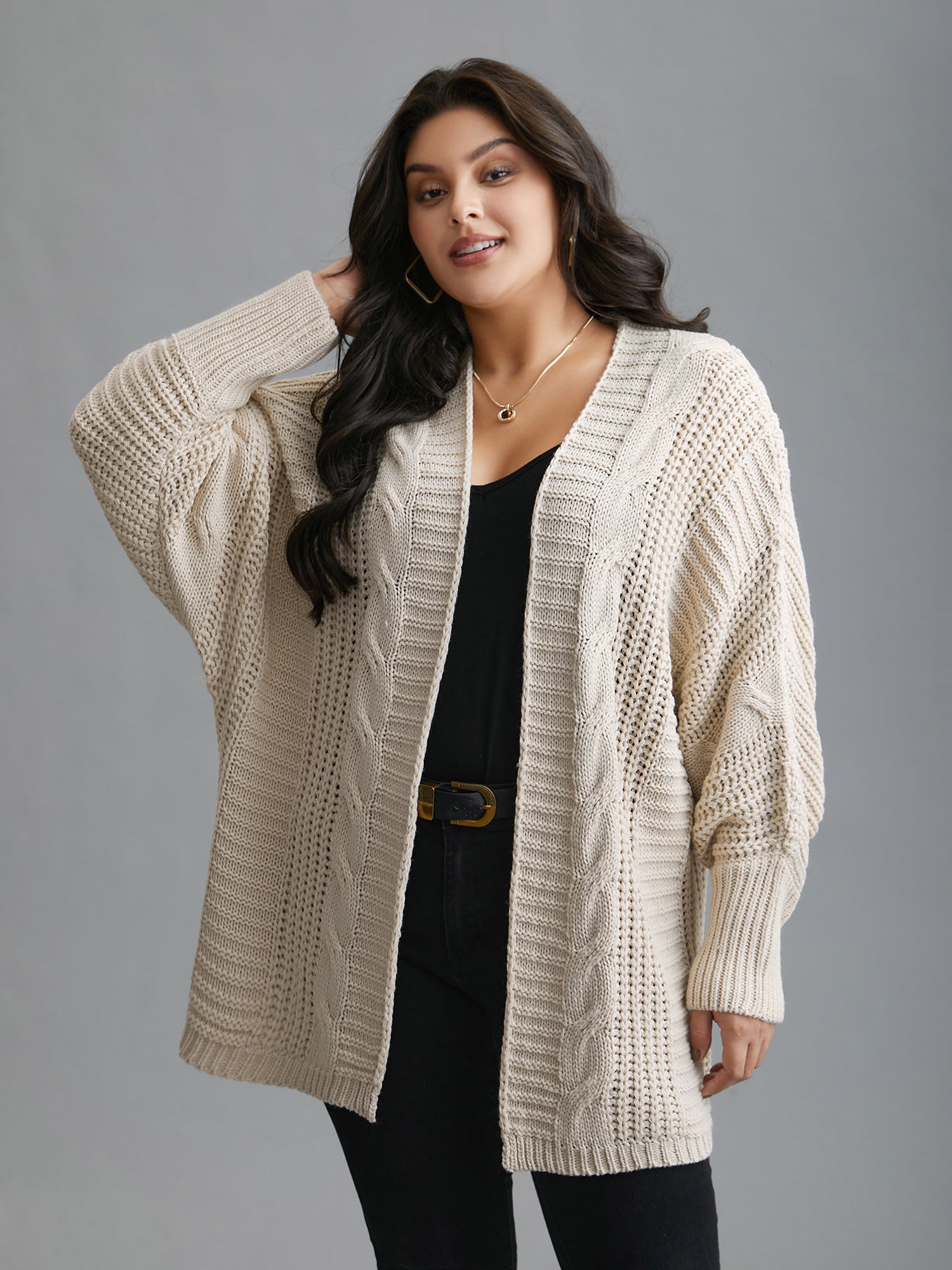 Cable Knit Open-Front Ribbed Knit Cardigan