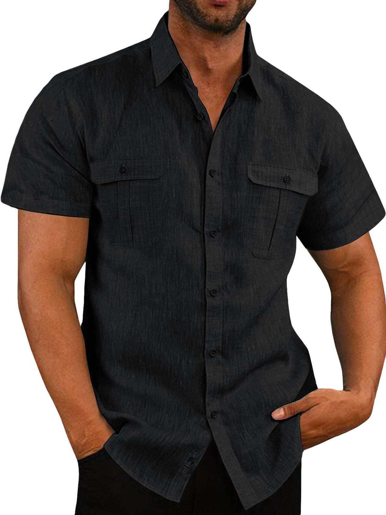 7-Pack Men's Shirts Double Pocket Cotton Linen Short Sleeve Shirts Casual Vacation Shirts