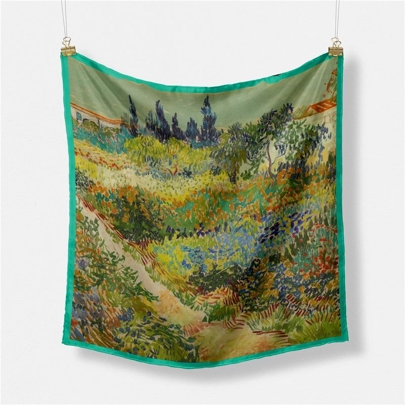 53cm New Van Gogh Oil Painting Series Green Flower Garden Path Twill Small Scarf Silk Scarf