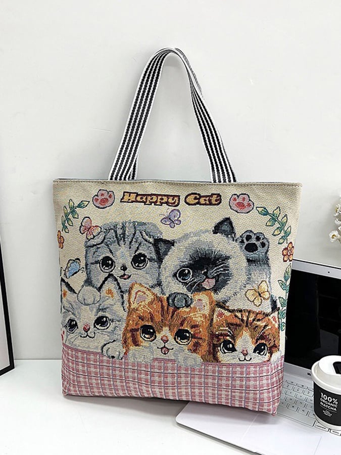 Women's Fashion Ethnic Cat Embroidery Canvas Shoulder Bag