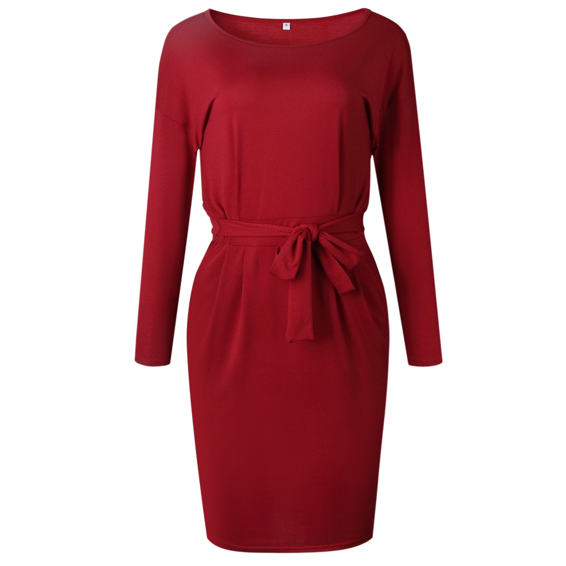 Florcoo O Neck Midi Dress With Belt (Long Sleeve)