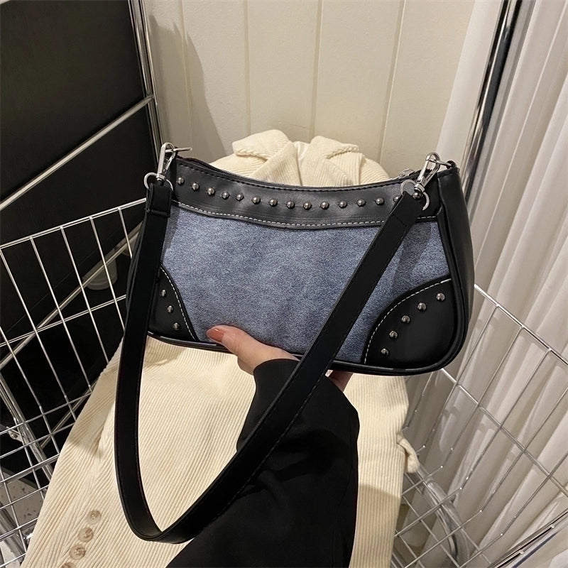 Women's Pu Leather Color Block Vintage Style Semicircle Zipper Shoulder Bag