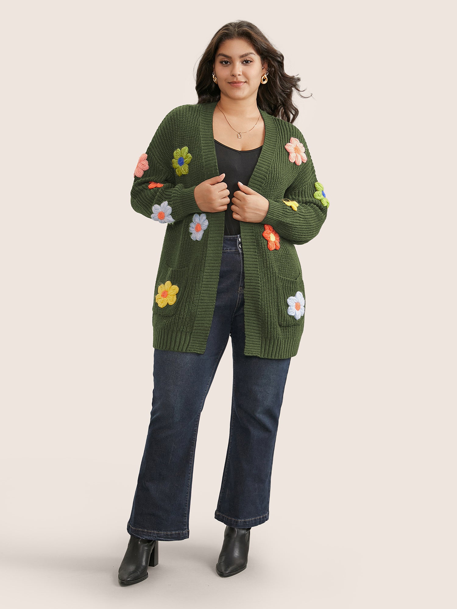 Rainbow Floral Pocket Open Front Cardigan