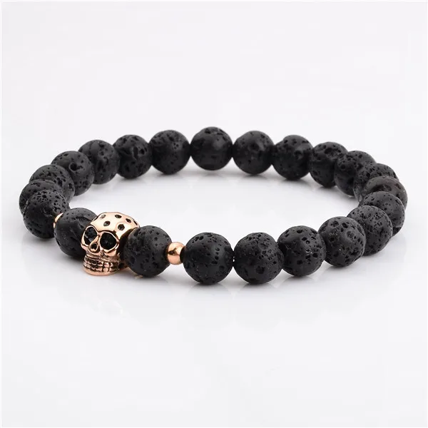 8MM Lava Stone Natural Stone Bracelet Stainless Steel Skull Rose Gold Plated bead bracelet for men