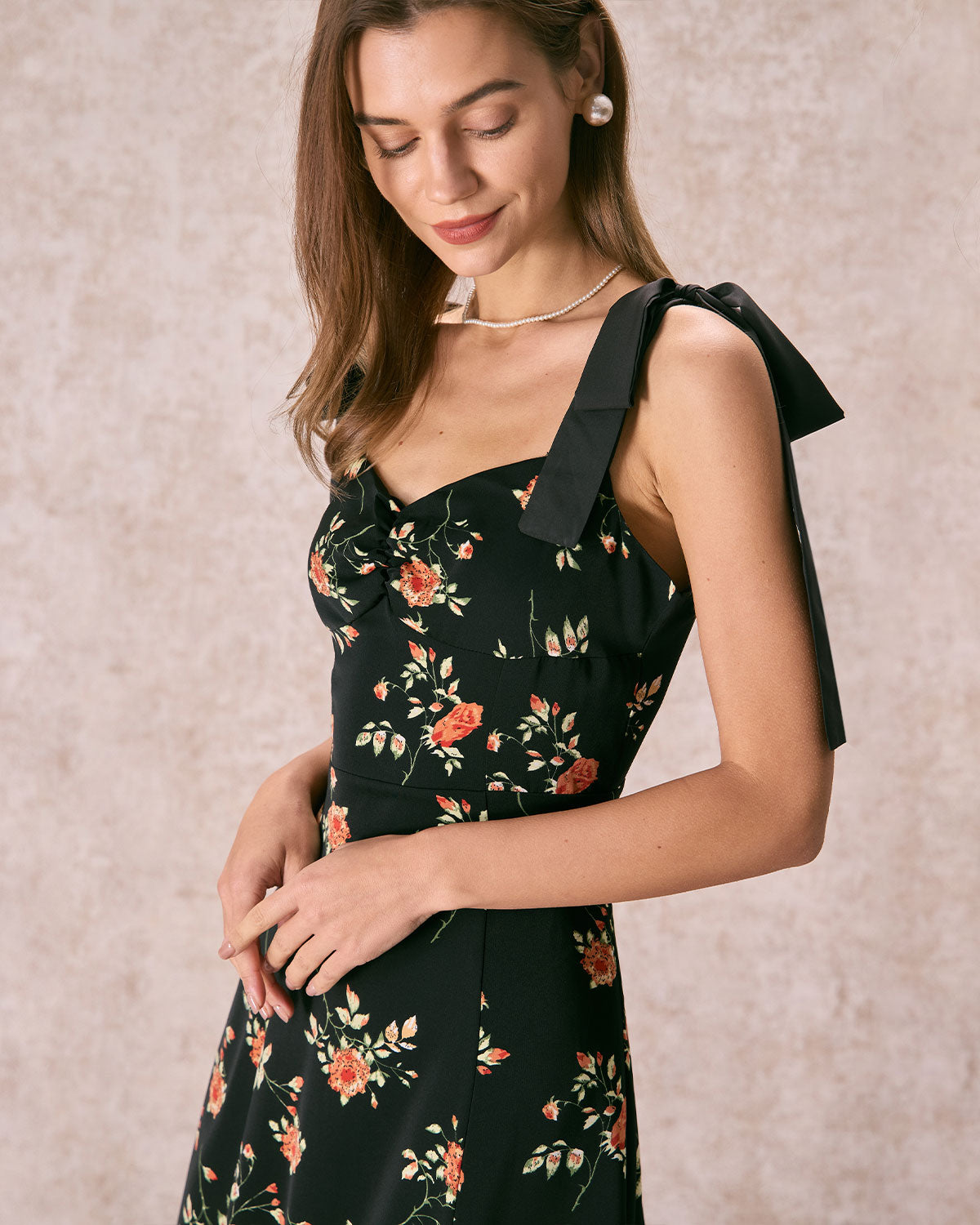 The Black Floral Ruched Tie Strap Slit Midi Dress