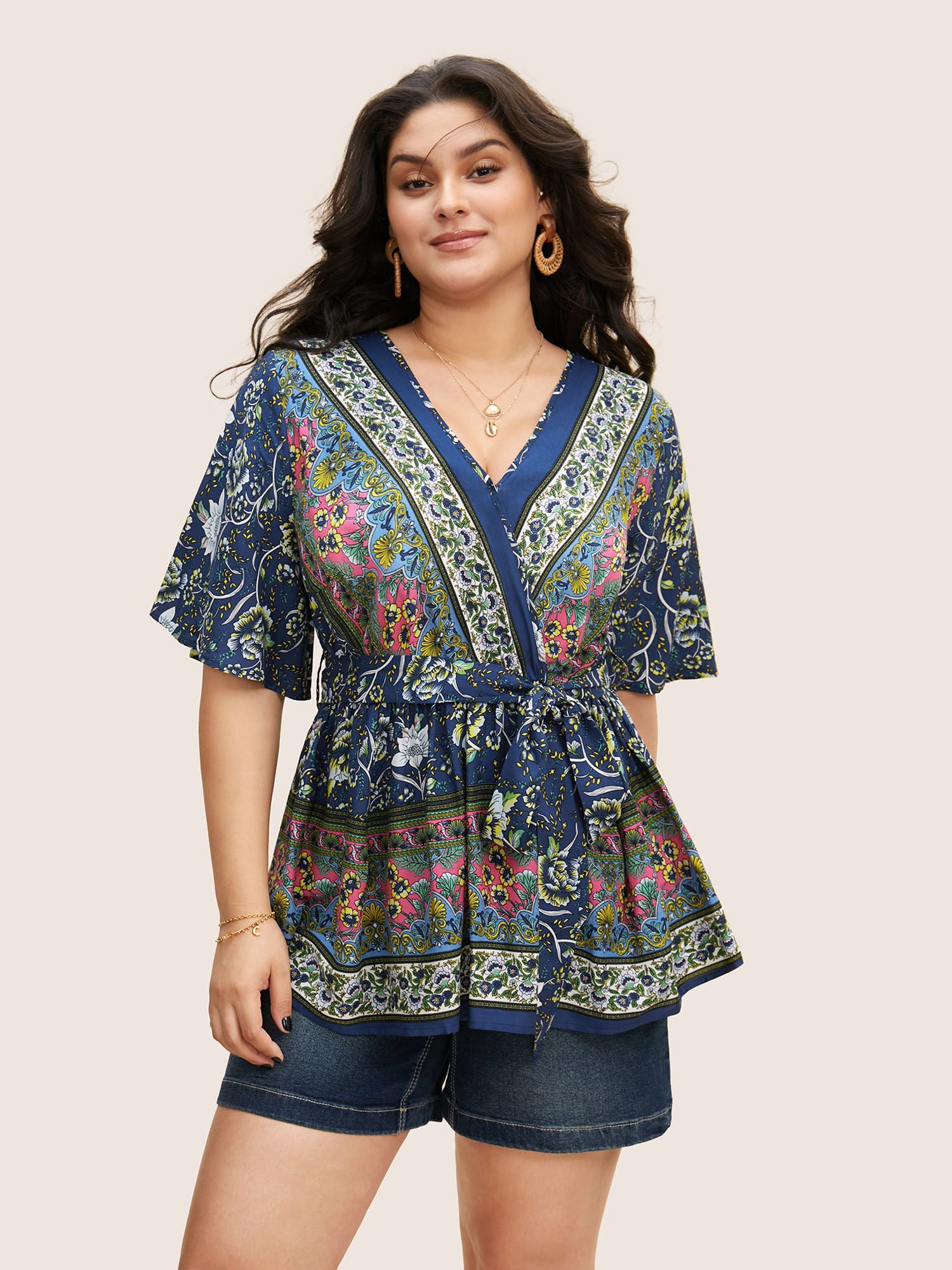 Floral Print Ruffles Belted Blouse