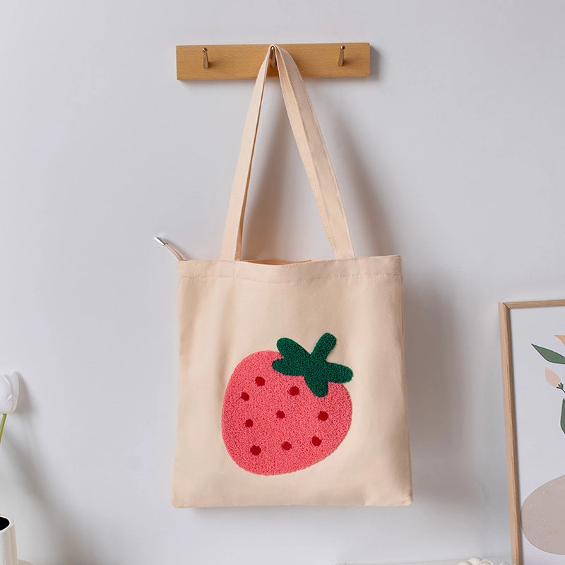 Women's Large Canvas Strawberry Streetwear Embroidery Square Zipper Handbag