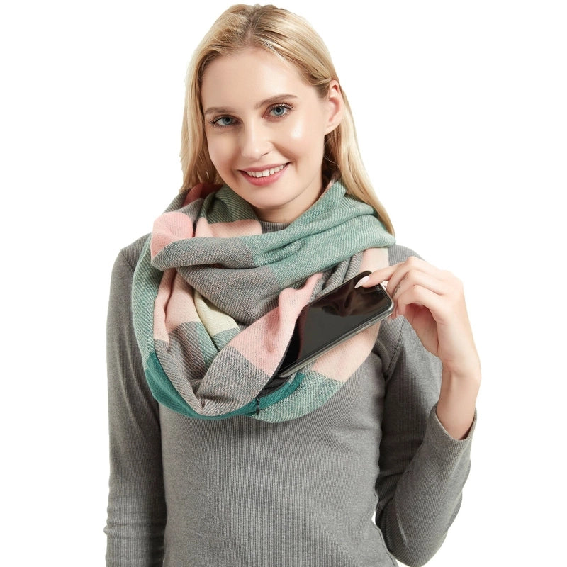 Hot Autumn And Winter New Scarf Men And Women Couple Thickened Pullover Plaid Zipper Pocket Scarf