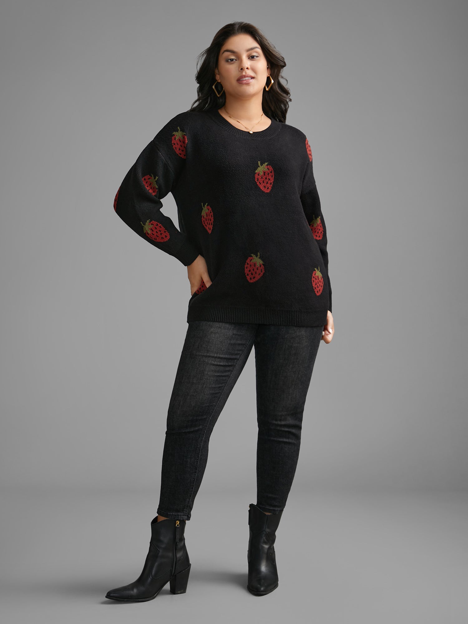 Strawberry Jacquard Drop Shoulder Sleeve Pullover