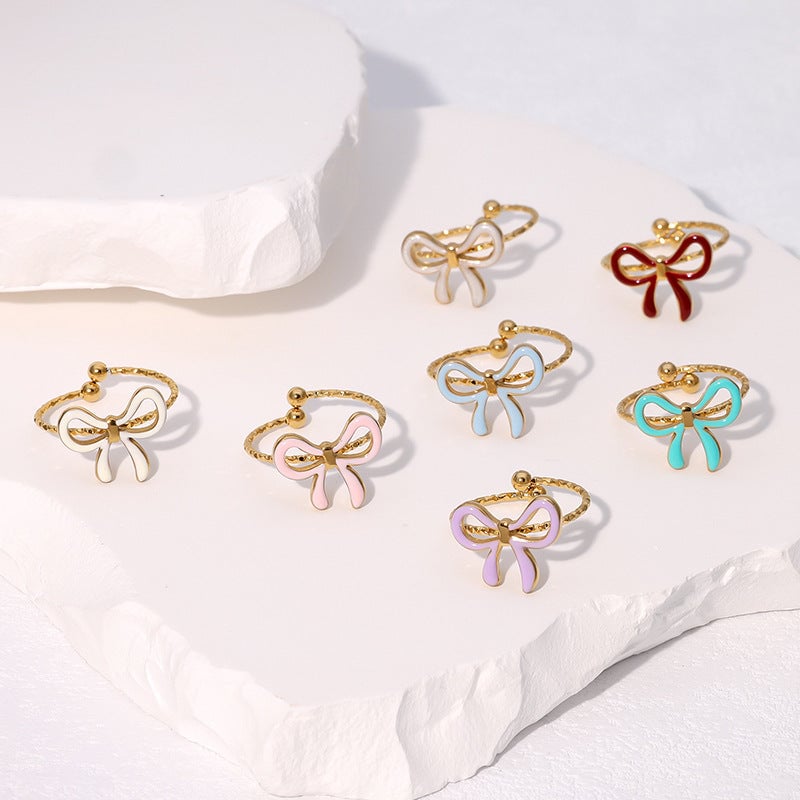 Fashionable Simple Cute Sweet Ins-Style Gold-Plated Bow-Knot Open Stainless Steel Ring Jewelry For Women
