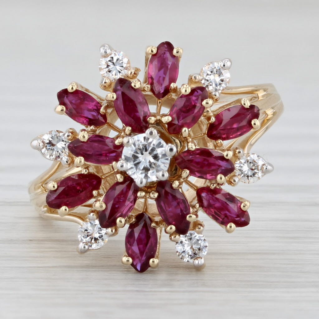 1.79ctw Ruby Diamond Cluster Flower Ring 14k Yellow Gold Size 8 Cocktail