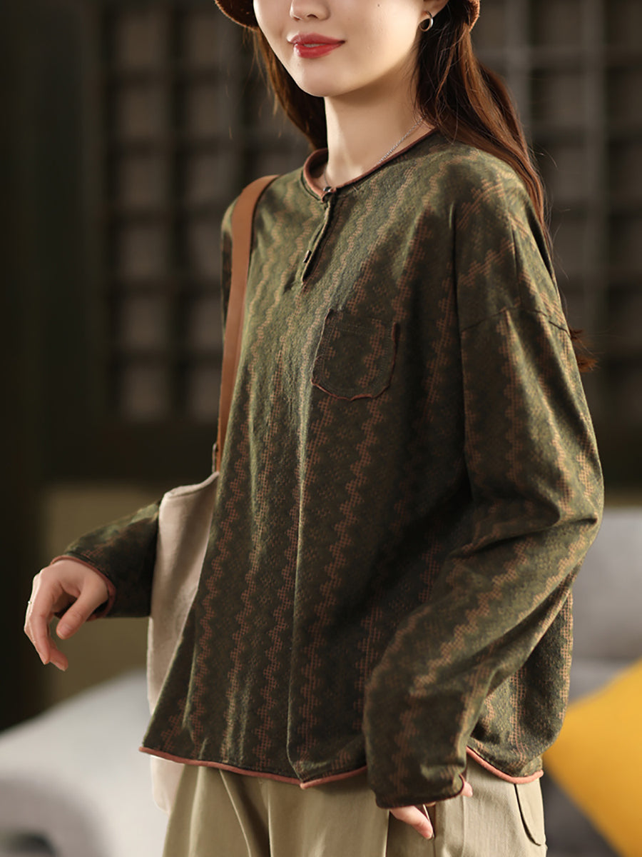 Women Spring Vintage Geometric 100%Cotton O-Neck Shirt