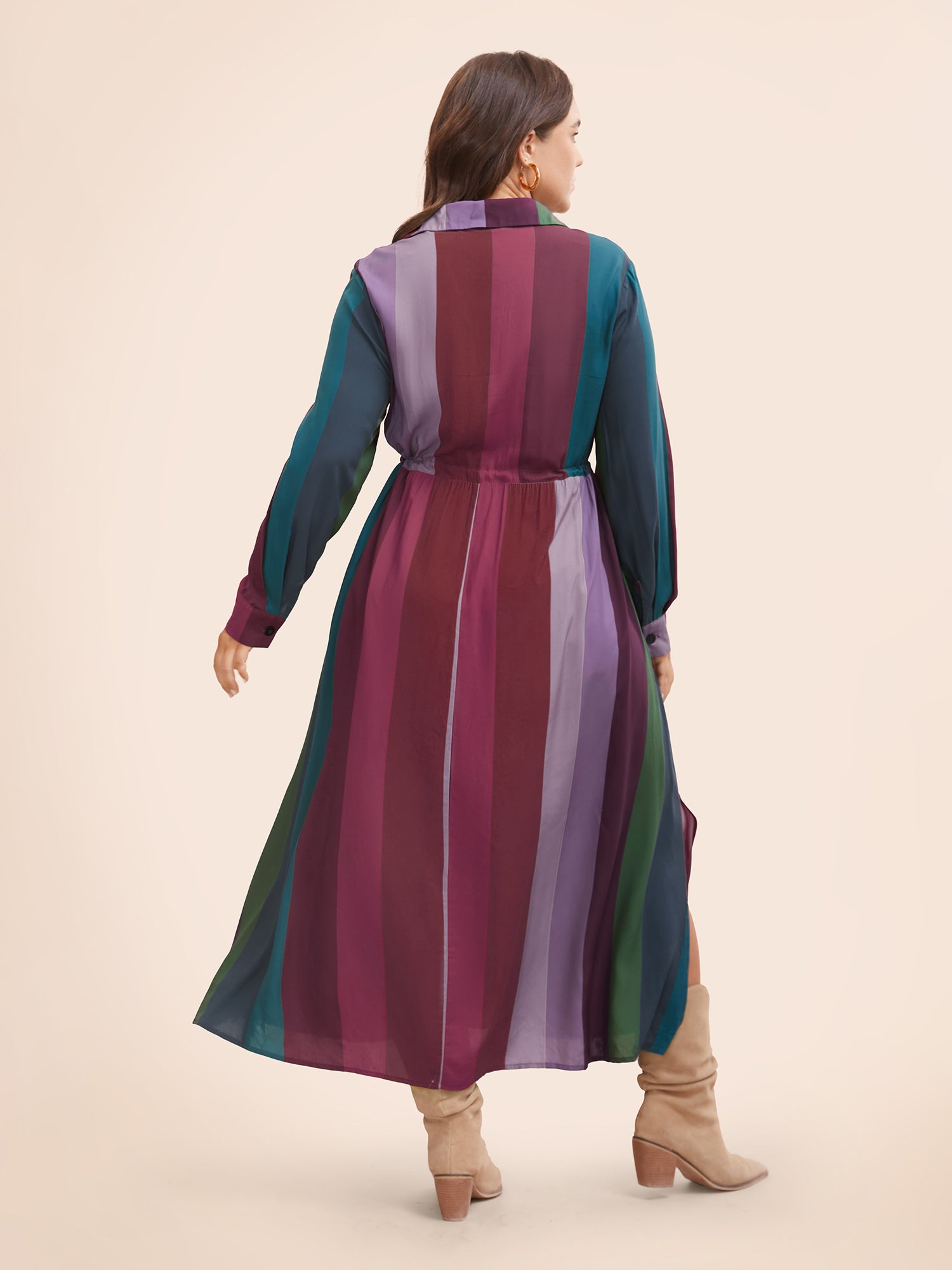 Colorblock Contrast Shirt Collar Drawstring Dress