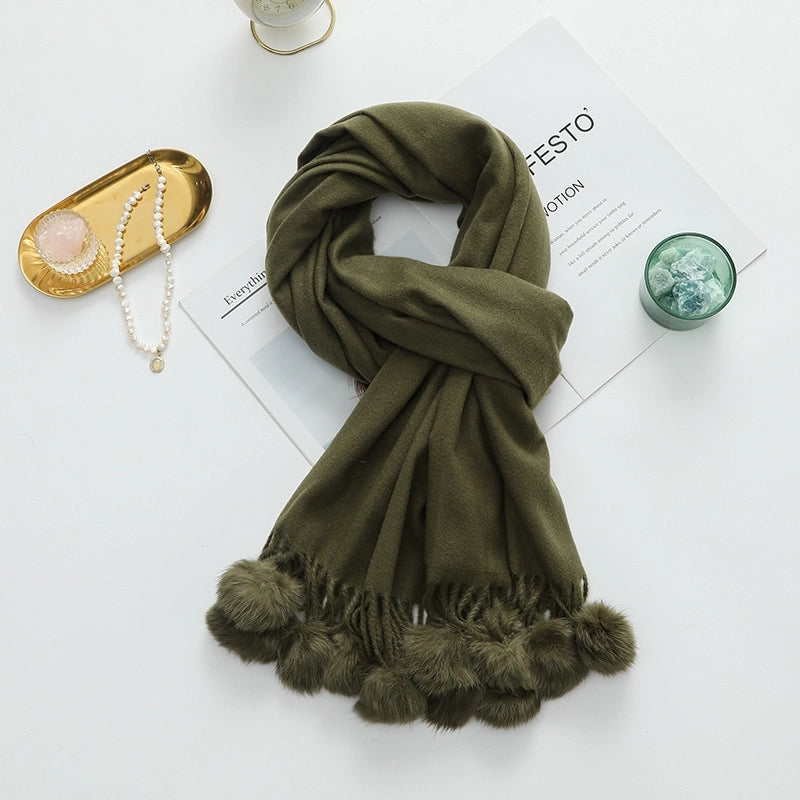 Cashmere Wool Scarf Women's Autumn And Winter High-grade Solid Color Ball Scarf Shawl Fur Ball Imitation Cashmere Scarf